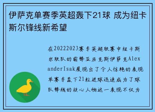 伊萨克单赛季英超轰下21球 成为纽卡斯尔锋线新希望 伊萨克单赛季英超轰下21球 成为纽卡斯尔锋线新希望