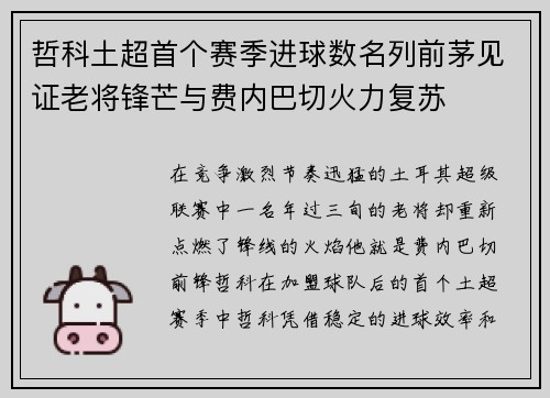 哲科土超首个赛季进球数名列前茅见证老将锋芒与费内巴切火力复苏 哲科土超首个赛季进球数名列前茅见证老将锋芒与费内巴切火力复苏